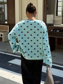 Muchica Women's Polka Dot Pattern Long Sleeve Single-Breasted Casual Knit Cardigan - Blue - View 2