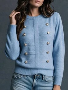 Trelyra 2026 Autumn New French Style Double-Breasted Light Blue Button Short Plush Knit Sweater, Elegant Commuter Soft Gentle Versatile Brunch Office - Dusty Blue - View 9