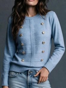 Trelyra 2026 Autumn New French Style Double-Breasted Light Blue Button Short Plush Knit Sweater, Elegant Commuter Soft Gentle Versatile Brunch Office - Dusty Blue - View 7