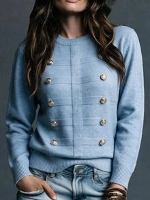 Trelyra 2026 Autumn New French Style Double-Breasted Light Blue Button Short Plush Knit Sweater, Elegant Commuter Soft Gentle Versatile Brunch Office - Dusty Blue - View 5