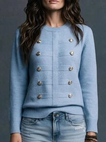Trelyra 2026 Autumn New French Style Double-Breasted Light Blue Button Short Plush Knit Sweater, Elegant Commuter Soft Gentle Versatile Brunch Office - Dusty Blue - View 8