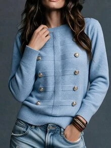 Trelyra 2026 Autumn New French Style Double-Breasted Light Blue Button Short Plush Knit Sweater, Elegant Commuter Soft Gentle Versatile Brunch Office - Dusty Blue - View 6