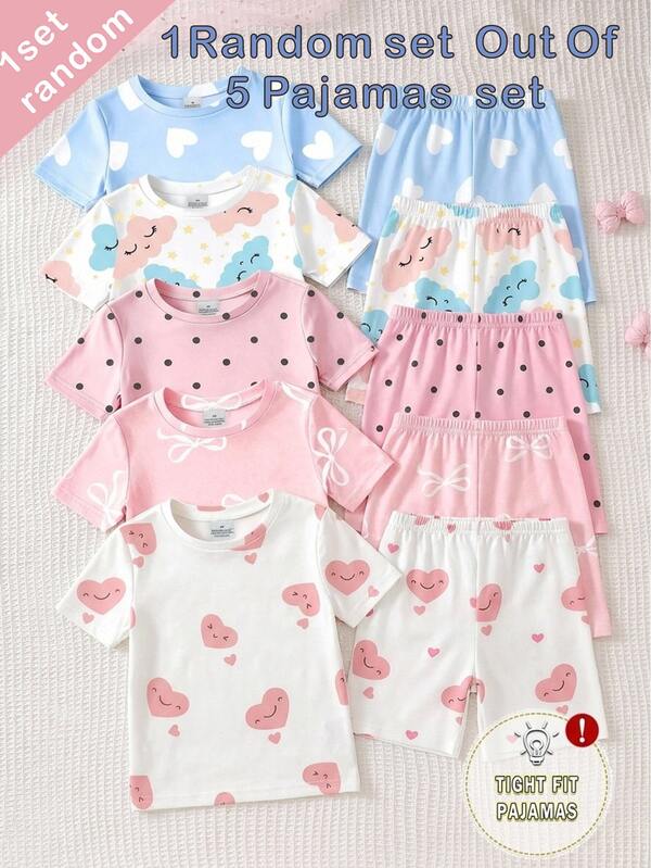 (5 Set, Dikirim 1 Set Secara Acak) Baju Rajut Anak Perempuan Leher Bulat Warna Pink Ungu Pink Muda Putih Motif Kartun Hati Bintang Bunga Kucing Nyaman Kasual Minimalis Pas Ketat Pakaian Santai Musim Panas