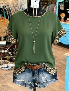 SHEIN LUNE CURVE Plus Size Leopard Print Ruffle Blouse Shirt For Summer Festival And Casual Wear - Army Green - View 5