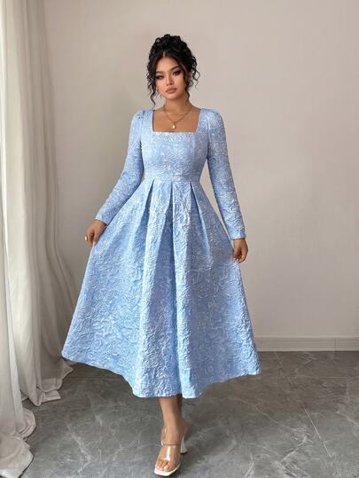 Elenzga Plus Size Women French Style 3D Jacquard Rose Square Neck Petal Sleeve Cinched Waist Full Skirt Light Blue Elegant Graceful Long Dress