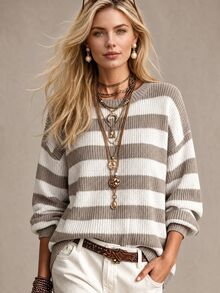 SHEIN Striped Pattern Drop Shoulder Sweater,Long Sleeve Tops Knit Pullover Fall Winter Sweater - Multicolor - View 2