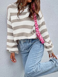 SHEIN Striped Pattern Drop Shoulder Sweater,Long Sleeve Tops Knit Pullover Fall Winter Sweater - Multicolor - View 8