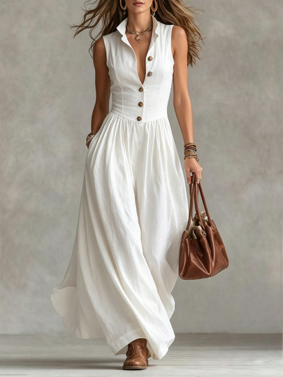 SHEIN Women's Sleeveless Lapel Half-Button Front Vest-Style Shirt Dress, Long Dress With Full Skirt, Casual Elegant For Shopping, Travel, Vacation And Office Commute