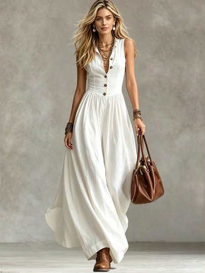 SHEIN Đầm sơ mi dáng vest nữ sát nách cổ bẻ, cài nút nửa ngực, dáng dài xòe rộng, phong cách thường ngày thanh lịch cho đi mua sắm, du lịch, nghỉ dưỡng và đi làm văn phòng