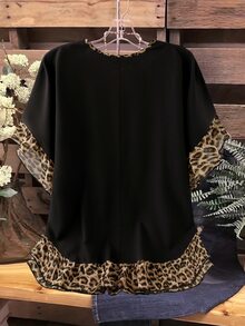 SHEIN LUNE CURVE Plus-Size Leopard Print Ruffled Summer Top/Shirt - Women's Everyday Country-Casual Wear - Vintage-Style Color-Block Ruffled Blouse - Black - View 2