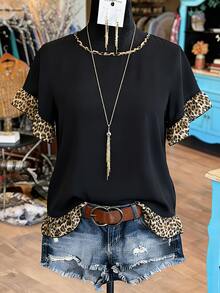 SHEIN LUNE CURVE Plus-Size Leopard Print Ruffled Summer Top/Shirt - Women's Everyday Country-Casual Wear - Vintage-Style Color-Block Ruffled Blouse - Black - View 5