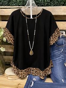 SHEIN LUNE CURVE Plus-Size Leopard Print Ruffled Summer Top/Shirt - Women's Everyday Country-Casual Wear - Vintage-Style Color-Block Ruffled Blouse - Black - View 1