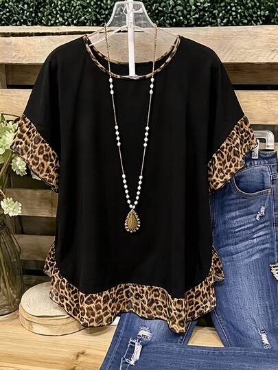 SHEIN LUNE CURVE Blusa de verano con volantes y estampado de leopardo, adecuada para un atuendo de carnaval, talla grande