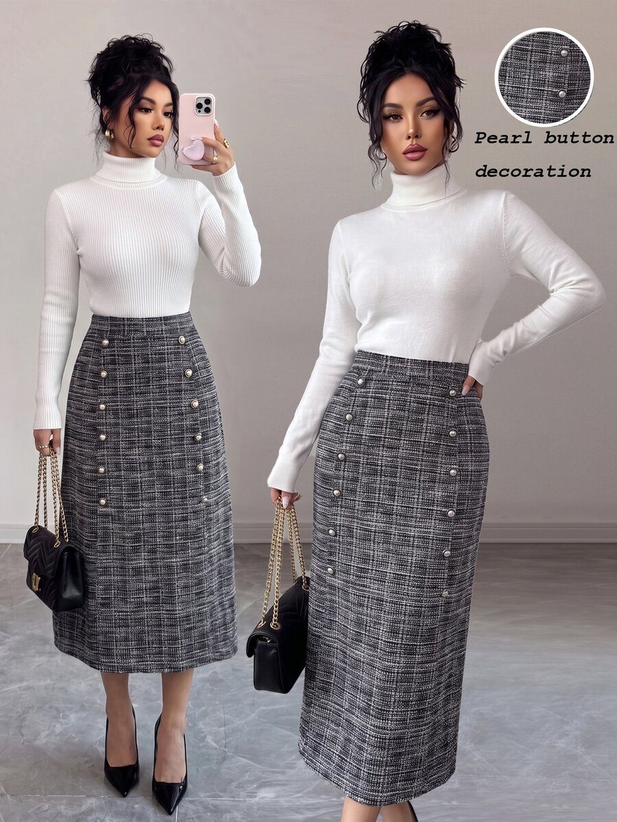 Elenzga Autumn/Winter Party & Commute Tweed Fabric Button Decor High Waist A-Line Skirt Elegant Fashion - Black - View 1