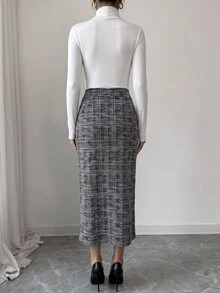 Elenzga Autumn/Winter Party & Commute Tweed Fabric Button Decor High Waist A-Line Skirt Elegant Fashion - Black - View 2
