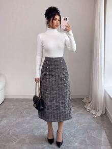 Elenzga Autumn/Winter Party & Commute Tweed Fabric Button Decor High Waist A-Line Skirt Elegant Fashion - Black - View 4