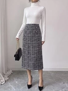Elenzga Autumn/Winter Party & Commute Tweed Fabric Button Decor High Waist A-Line Skirt Elegant Fashion - Black - View 6