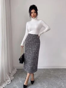 Elenzga Autumn/Winter Party & Commute Tweed Fabric Button Decor High Waist A-Line Skirt Elegant Fashion - Black - View 3
