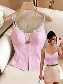 SHEIN Raffinéa Y2K复古风女式休闲性感夏季撞色蕾丝前扣吊带背心，蓝白条纹搭配黑色蕾丝露脐设计，适合日常穿着、派对、浪漫约会、度假、辣妹俱乐部等场合。 - 粉色 - 查看 1