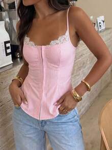 SHEIN Raffinéa Y2K复古风女式休闲性感夏季撞色蕾丝前扣吊带背心，蓝白条纹搭配黑色蕾丝露脐设计，适合日常穿着、派对、浪漫约会、度假、辣妹俱乐部等场合。 - 粉色 - 查看 3