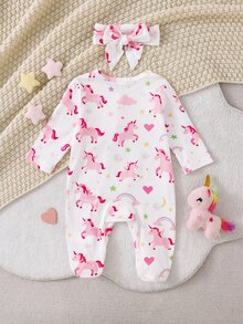 2件裝新生兒長袖連身包屁衣 針織柔軟舒適 獨角獸花朵可愛俏皮圖案 適合新生兒的最佳禮物 百搭時尚居家穿著 首選 - 彩色 - 查看 2
