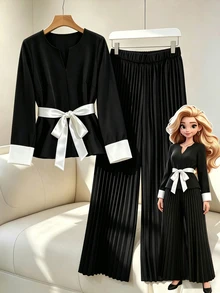 GlowEve CURVE Women's Plus Size Long Sleeve Contrast Cuff Top And Casual Wide Leg Pleated Pants Fall - Black and White - View 10