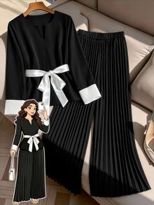 GlowEve CURVE Women's Plus Size Long Sleeve Contrast Cuff Top And Casual Wide Leg Pleated Pants Fall - Black and White - View 1