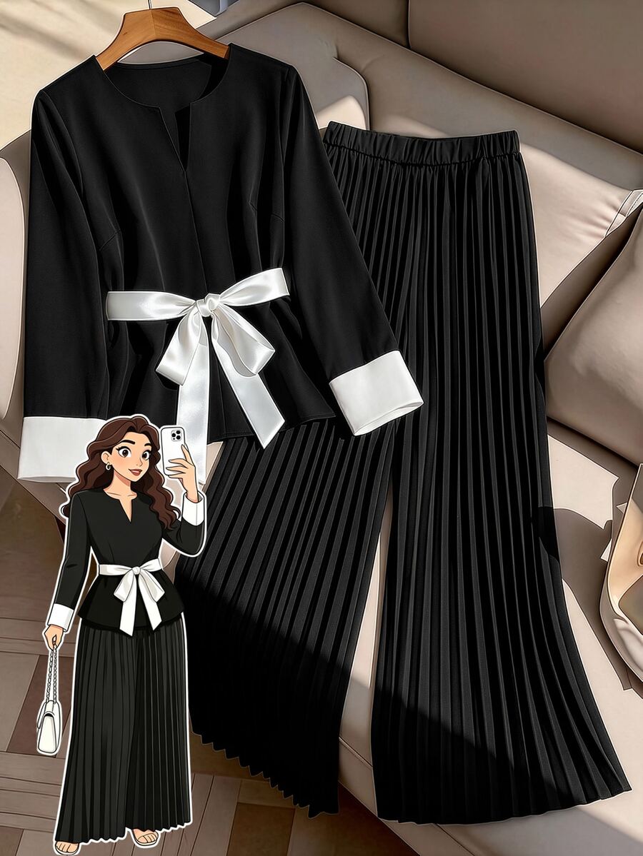 GlowEve CURVE Women's Plus Size Long Sleeve Contrast Cuff Top And Casual Wide Leg Pleated Pants Fall - Black and White - View 1
