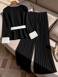 GlowEve CURVE Women's Plus Size Long Sleeve Contrast Cuff Top And Casual Wide Leg Pleated Pants Fall - Black and White - View 2