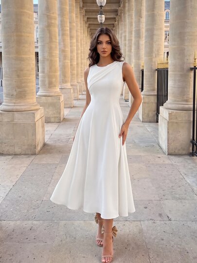 Poshira Women's Elegant White Sleeveless Waist Cinched Ball Gown,Formal Maxi Dress For Wedding,Prom,Party,Graduation,Easter,Summer Suspender Dress With Beads