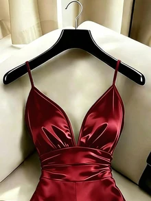 SHEIN Franclia 女款優雅緞面細肩帶罩杯式抓皺腰寬腿連身褲，適合海灘婚禮 - 酒紅色 - 查看 3