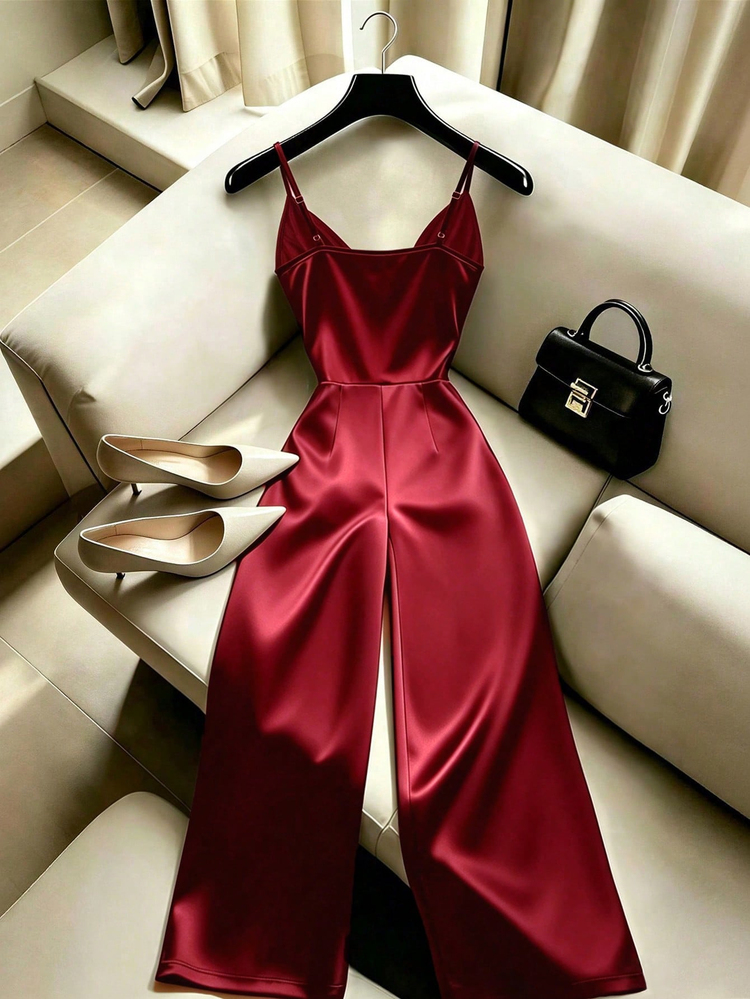 SHEIN Franclia Women's Elegant Satin Spaghetti Strap Cup-Style Ruched Waist Wide Leg Jumpsuit, Beach Wedding - Burgundy - View 2