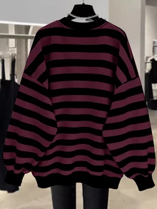 EMERY ROSE New Arrival Bestselling Regular Fit Women Plus Size Striped Crew Neck Sweatshirt Fall Winter - Red - View 2