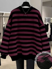 EMERY ROSE New Arrival Bestselling Regular Fit Women Plus Size Striped Crew Neck Sweatshirt Fall Winter - Red - View 1