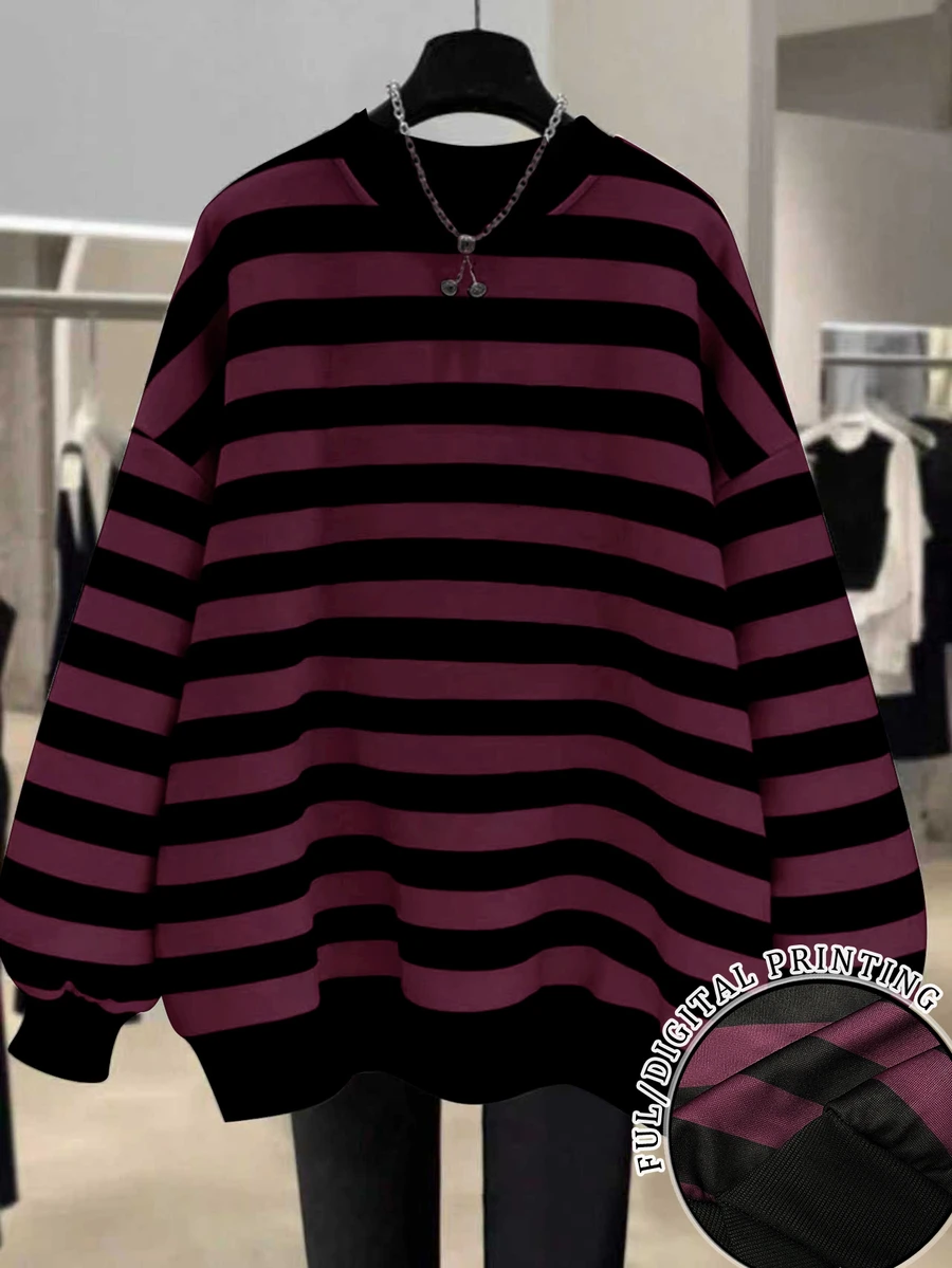 EMERY ROSE New Arrival Bestselling Regular Fit Women Plus Size Striped Crew Neck Sweatshirt Fall Winter - Red - View 1