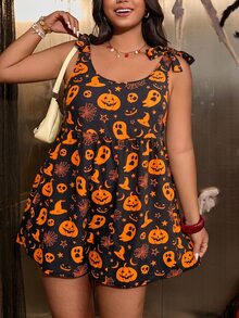 Muchica Romper Tanpa Lengan Motif Halloween Ukuran Besar - MultiWarna - View 4