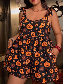 Muchica Romper Tanpa Lengan Motif Halloween Ukuran Besar - MultiWarna - View 1