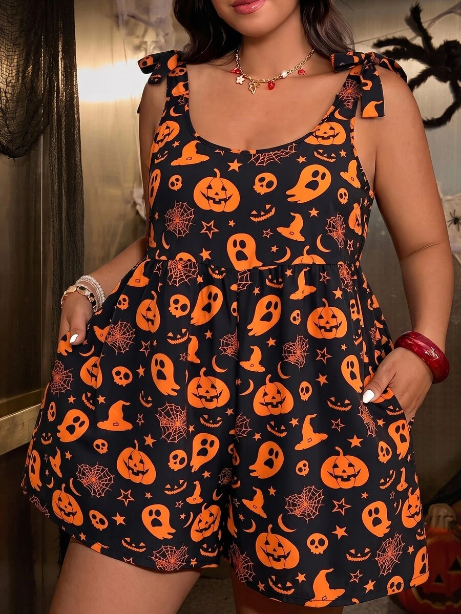 Muchica Romper Tanpa Lengan Motif Halloween Ukuran Besar - MultiWarna - View 1