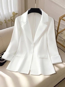 GlowEve CURVE Plus Size Women's Autumn Blazer, White Suit Jacket, Minimalist Design, Casual Daily Outfit, Elegant Style Fall - White - View 7