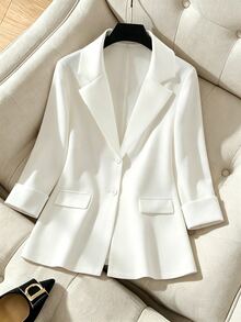 GlowEve CURVE Plus Size Women's Autumn Blazer, White Suit Jacket, Minimalist Design, Casual Daily Outfit, Elegant Style Fall - White - View 3