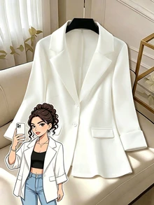 GlowEve CURVE Plus Size Women's Autumn Blazer, White Suit Jacket, Minimalist Design, Casual Daily Outfit, Elegant Style Fall - White - View 1
