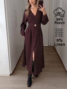 Duskaine Women's Fashion Commuter Office Front Button Long Dress Dark Brown Fall Elegant - Burgundy - View 7