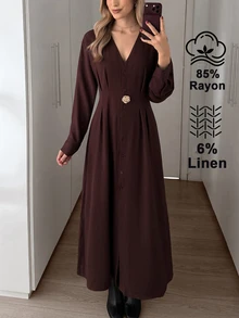 Duskaine Women's Fashion Commuter Office Front Button Long Dress Dark Brown Fall Elegant - Burgundy - View 4