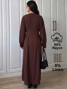 Duskaine Women's Fashion Commuter Office Front Button Long Dress Dark Brown Fall Elegant - Burgundy - View 2