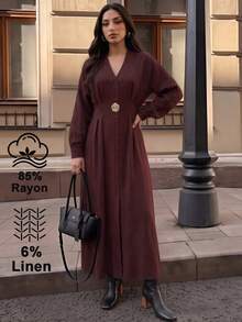 Duskaine Women's Fashion Commuter Office Front Button Long Dress Dark Brown Fall Elegant - Burgundy - View 6