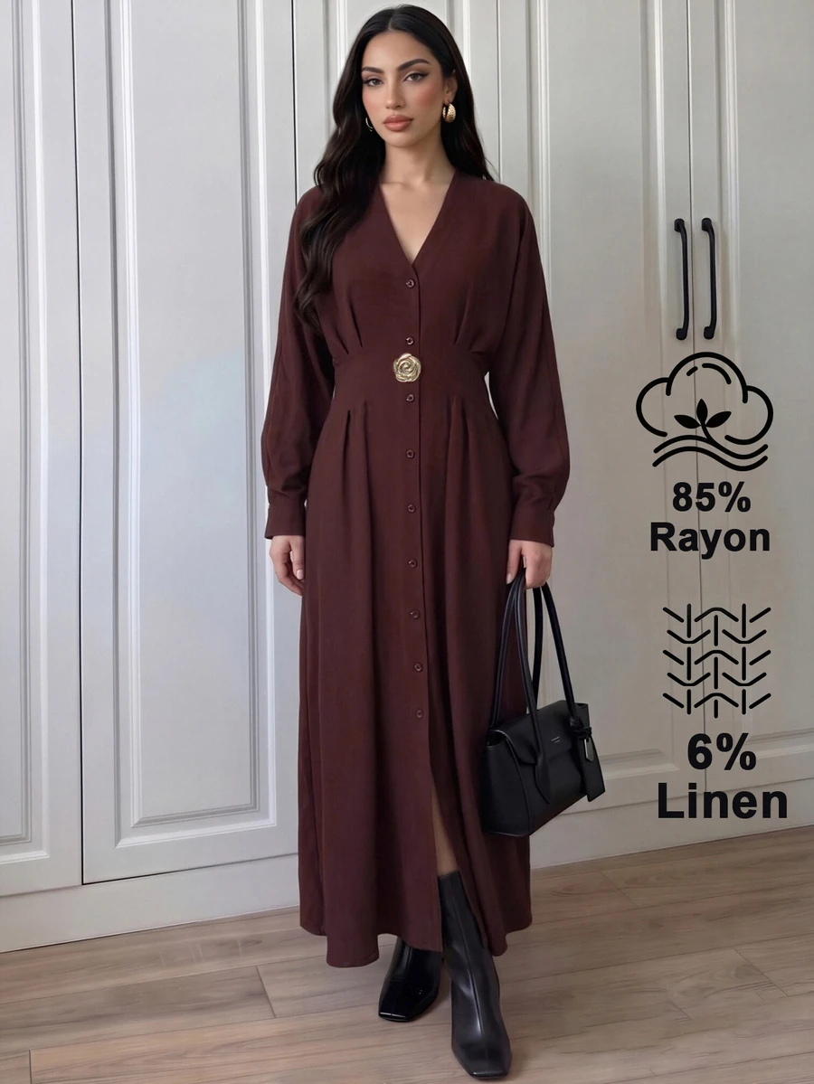 Duskaine Women's Fashion Commuter Office Front Button Long Dress Dark Brown Fall Elegant - Burgundy - View 1