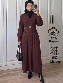 Duskaine Women's Fashion Commuter Office Front Button Long Dress Dark Brown Fall Elegant - Burgundy - View 3
