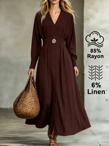Duskaine Women's Fashion Commuter Office Front Button Long Dress Dark Brown Fall Elegant - Burgundy - View 5