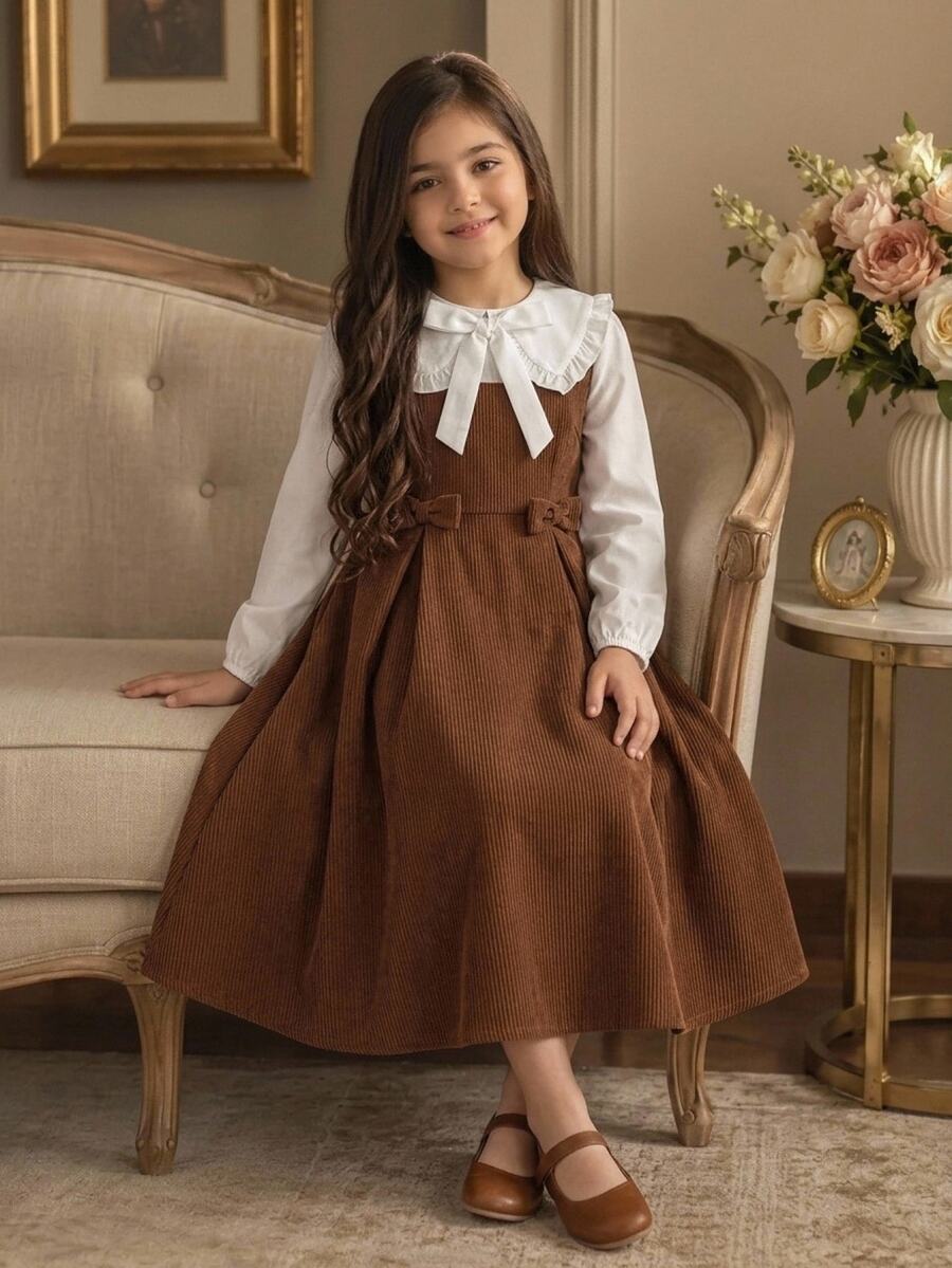 SHEIN فستان للفتيات المراهقات منسوج من الكوردروي باللون الأبيض والكاكي، لطيف بياقة بيتر بان وكشكشة وفيونكة وزخرفة باتشوورك، بطول متوسط، مناسب للربيع والخريف والشتاء - كاكي - مشاهدة 1