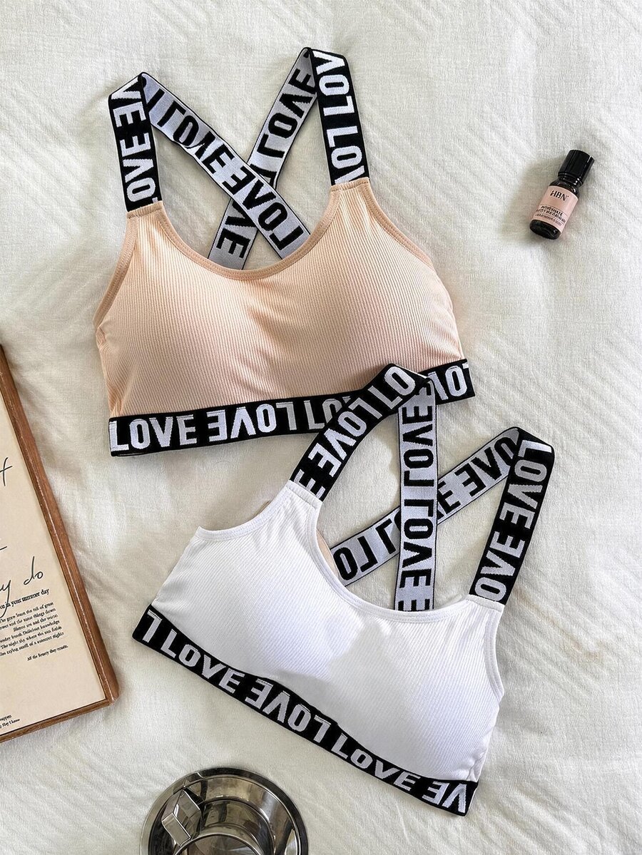 Napfluff Comfortable Letter Print Sports Backless Wireless Bra 2pcs Set - Multicolor - View 1